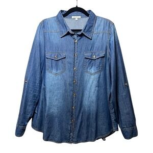 Bottlette Denim Shirt Roll Tab Long Sleeve Button Up Western 1XL